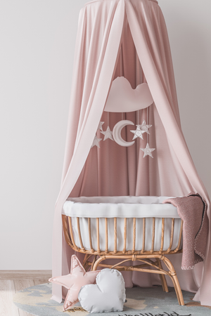 Early Years Concierge Baby Basket With Soft Pink Canopy and Cloud and Moon Baby Mobile