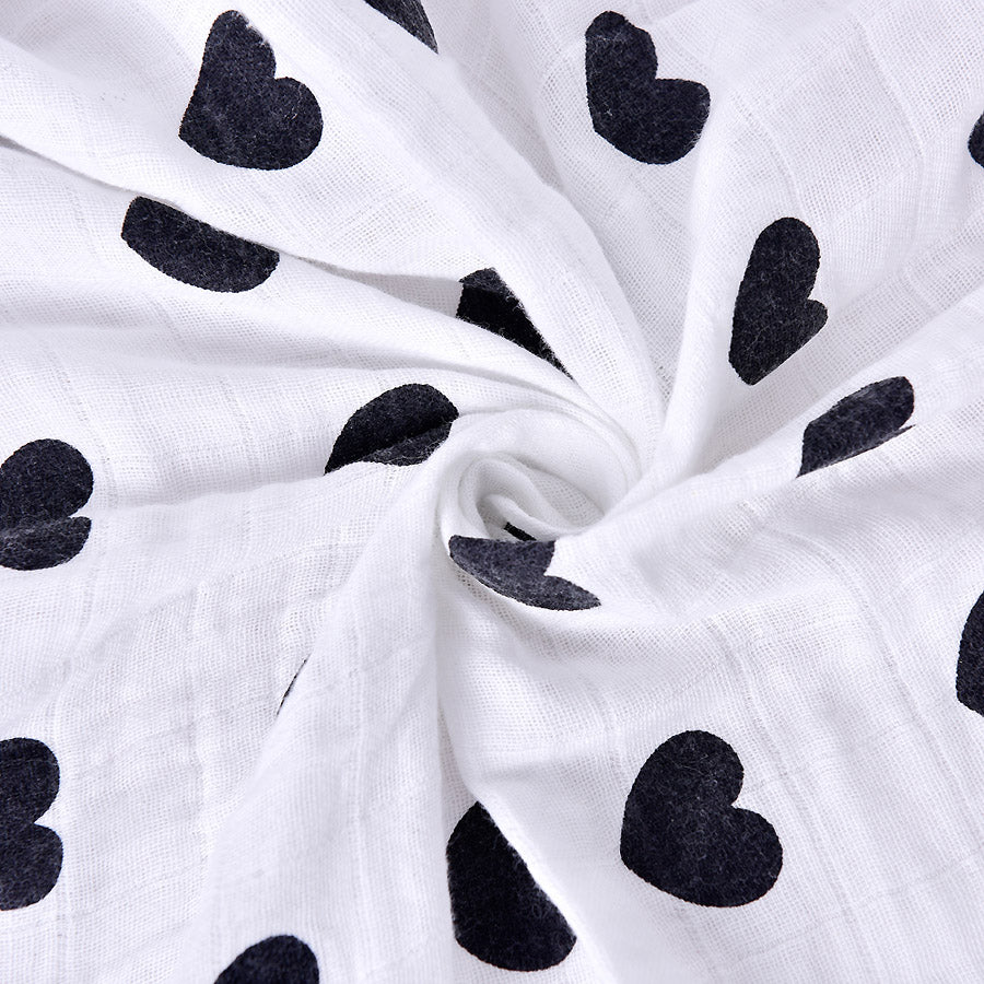 Early Years Concierge Organic Baby Muslin Square 110cm x 110cm Black Hearts Detail