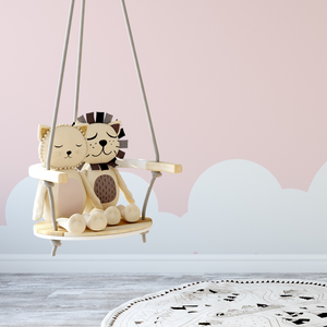 Open image in slideshow, Early Years Concierge Service Image of Toy Lions Sitting in Indoor Wooden Swing

